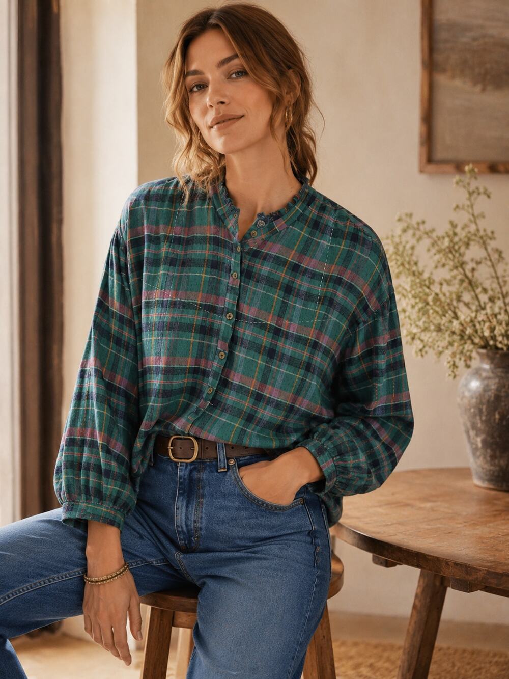 Anthropologie Pilcro SZ S Cropped Puff-Sleeve Soft Crinkle Plaid Blouse